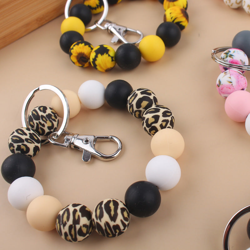 Wholesale Cow Pattern Leopard Pattern Silicone Beaded Wrist Keychain
